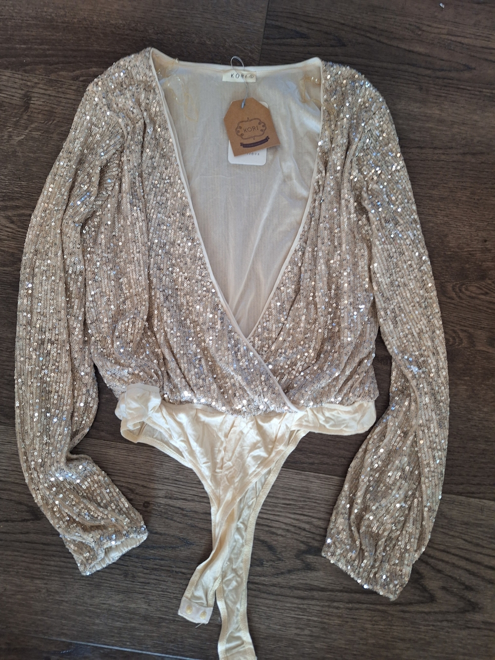 Kori Sequin Wrap Bodysuit - Champagne Gold